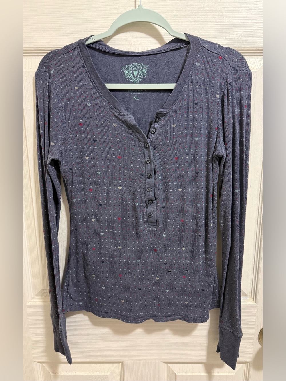 ellemenno Slate Blue Henley Waffle Long-Sleeve Top with Micro Dots